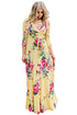 Yellow Blooming Flower Print Wrap V Neck Boho Dress